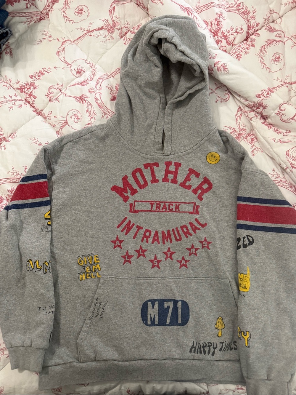 MOTHER Grey Hoodie with Red & Navy Graphic Accents
